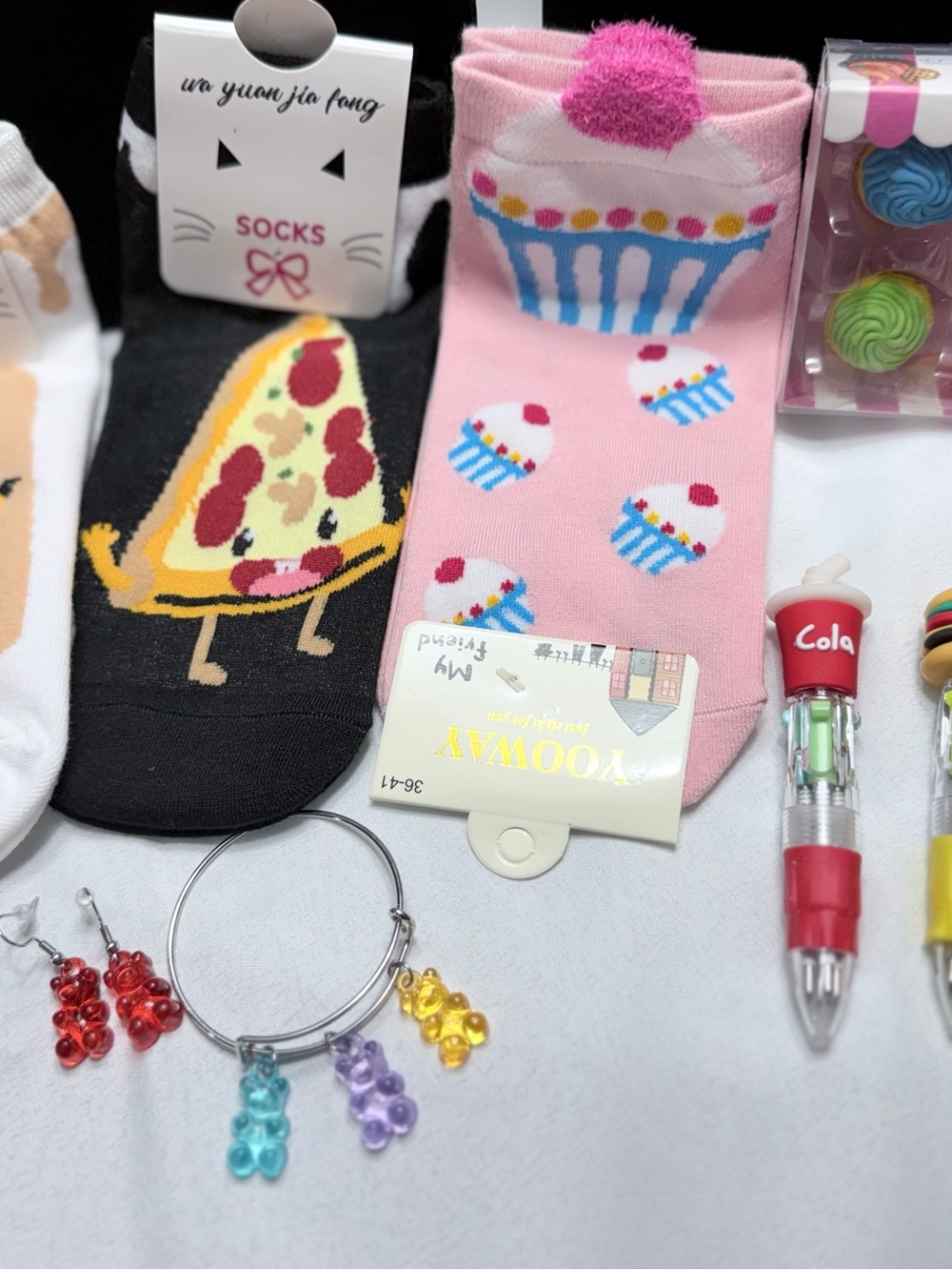 25-Piece Junk Food Themed Mixed Lot Fun Foodie Bundle Pens Erasers Socks Jewelry - Picture 7 of 12